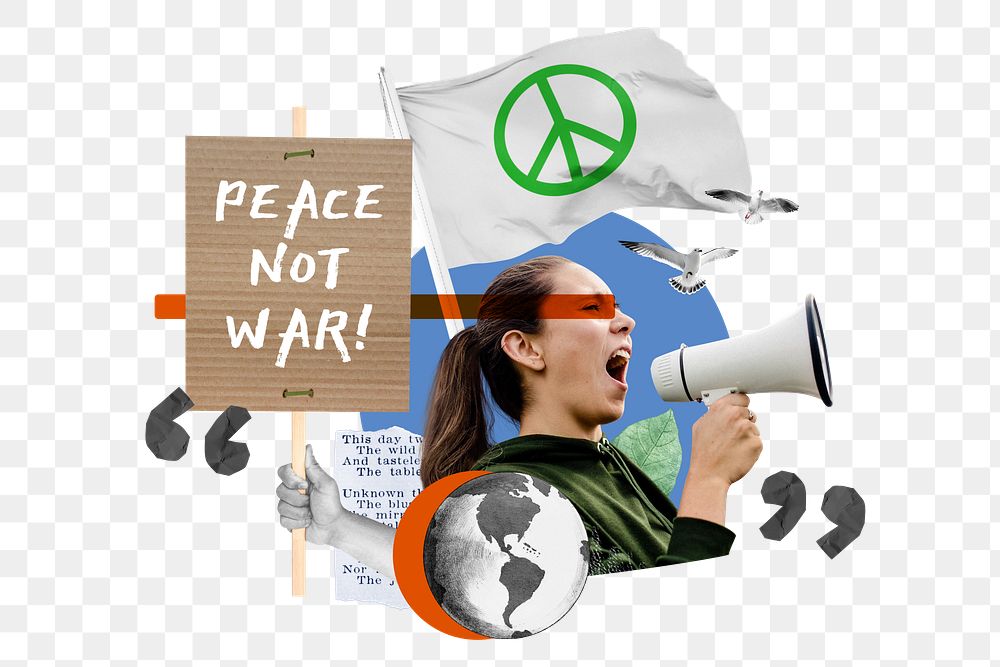 Peace not war png, woman protest remix, transparent background