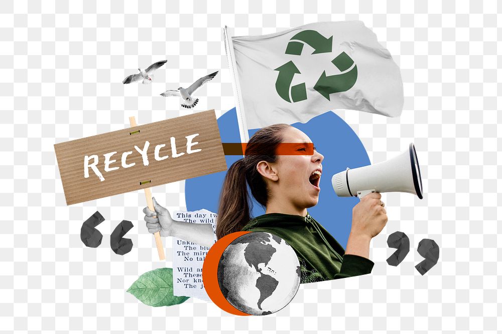 Recycle environment protest png, woman holding megaphone remix, transparent background