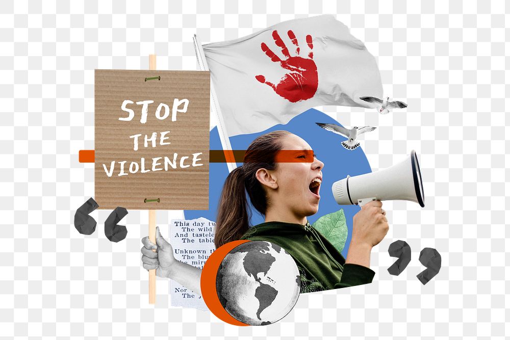 Stop the violence png, woman protesting remix, transparent background