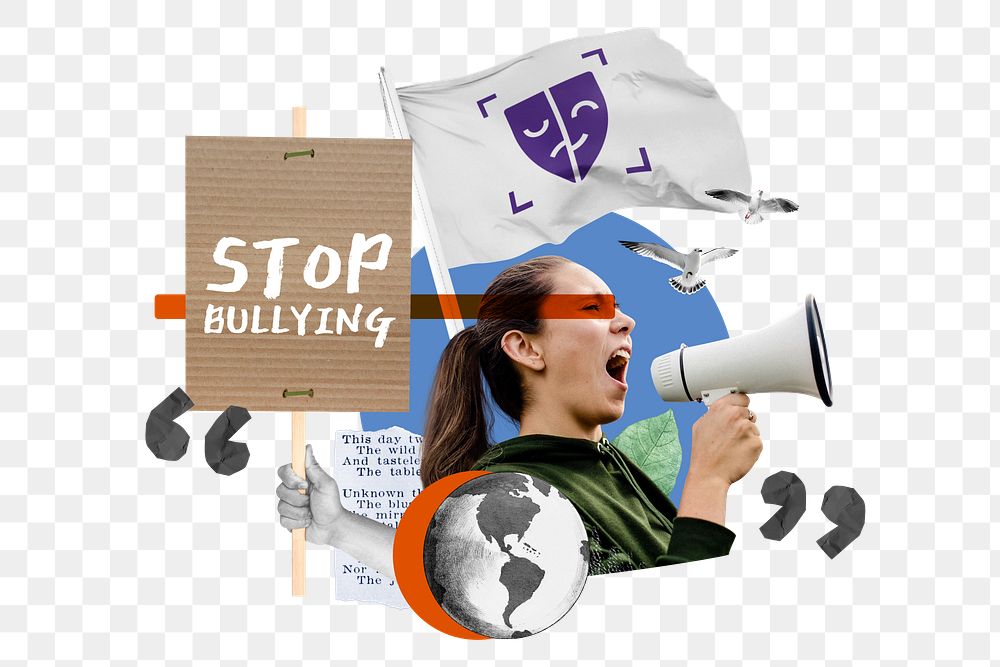 Stop bullying words png, woman protesting remix, transparent background