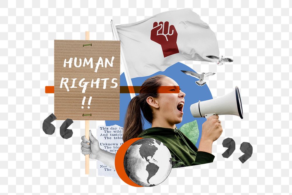 Human rights word png, woman protest collage art, transparent background