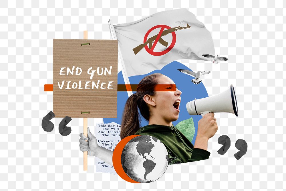 End gun violence png, woman protesting collage art, transparent background
