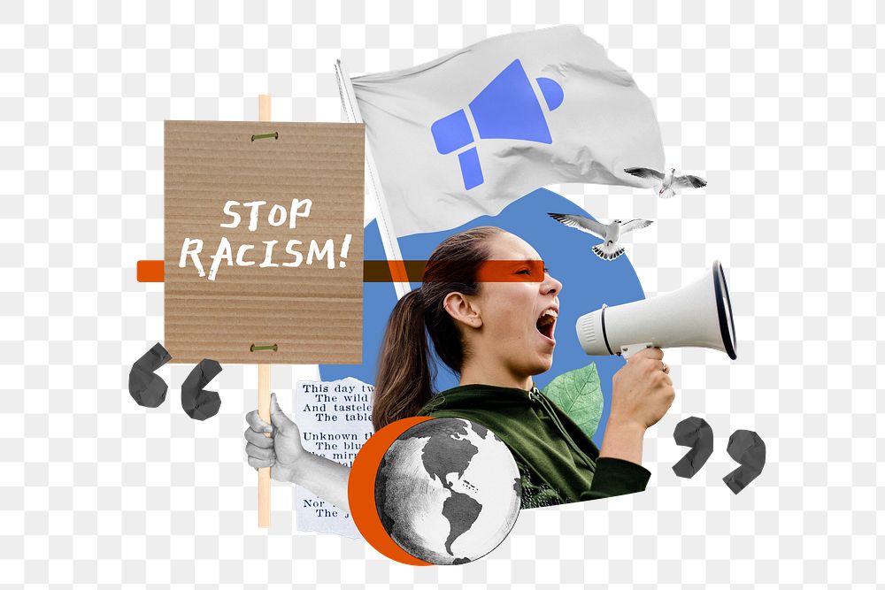 Stop racism protest png, human rights collage art, transparent background