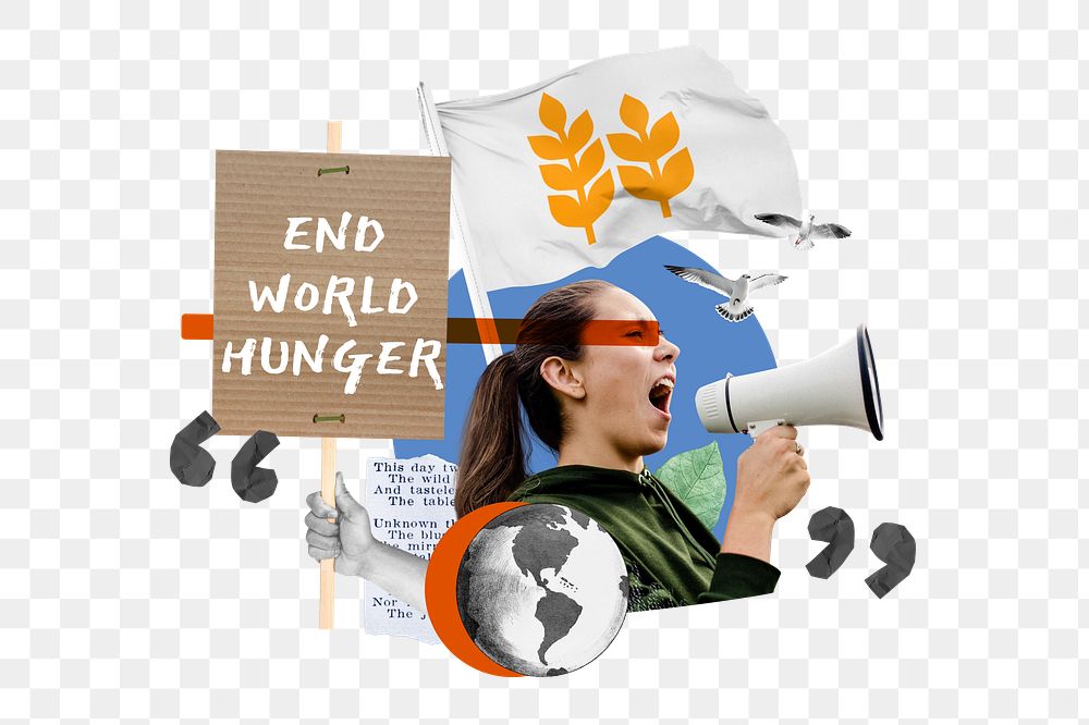 End world hunger png, human rights protest remix, transparent background