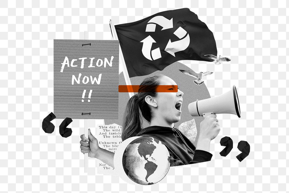 Action now png, environment activism collage art, transparent background