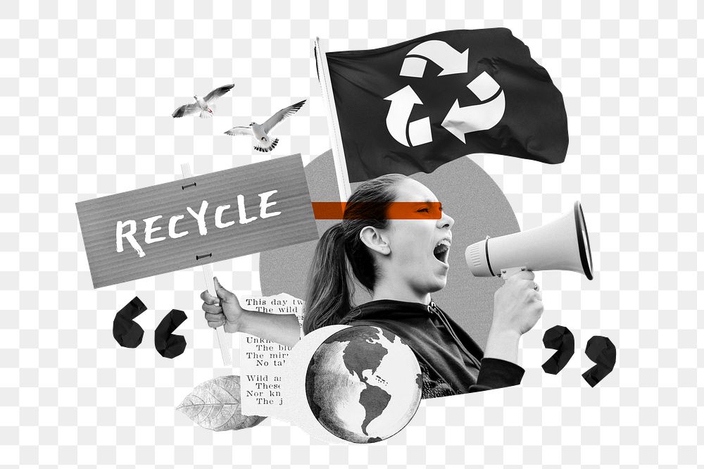 Recycle environment protest png, woman holding megaphone remix, transparent background