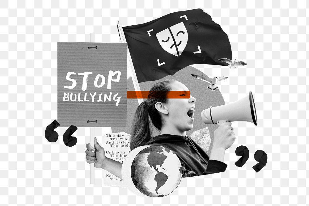 Stop bullying words png, woman protesting remix, transparent background