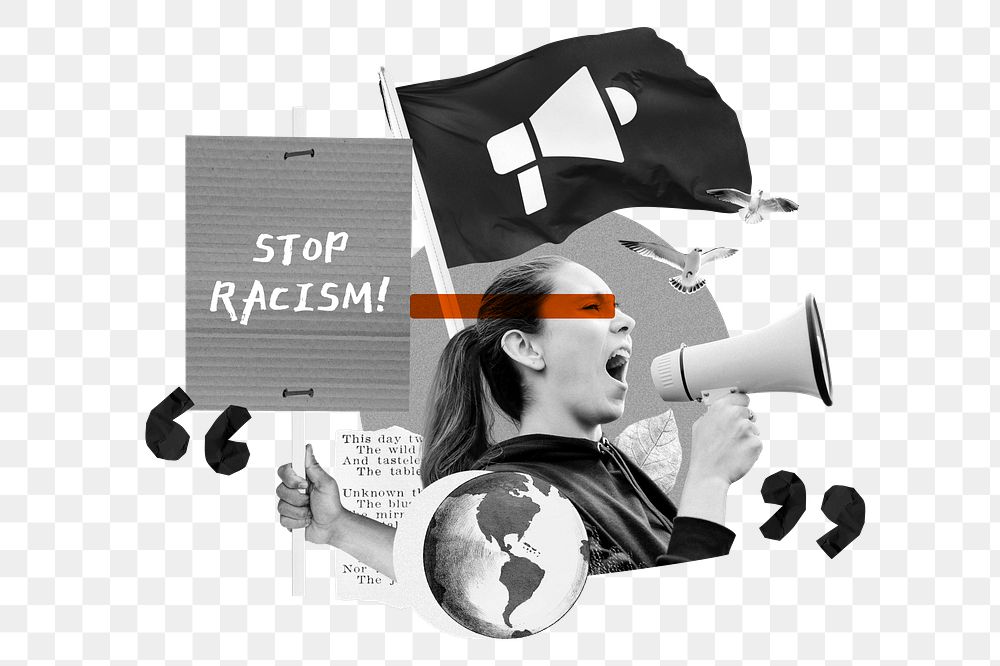 Stop racism protest png, human rights collage art, transparent background
