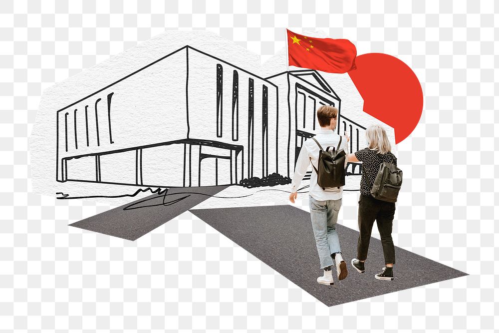 PNG Study in China, education line art collage, transparent background