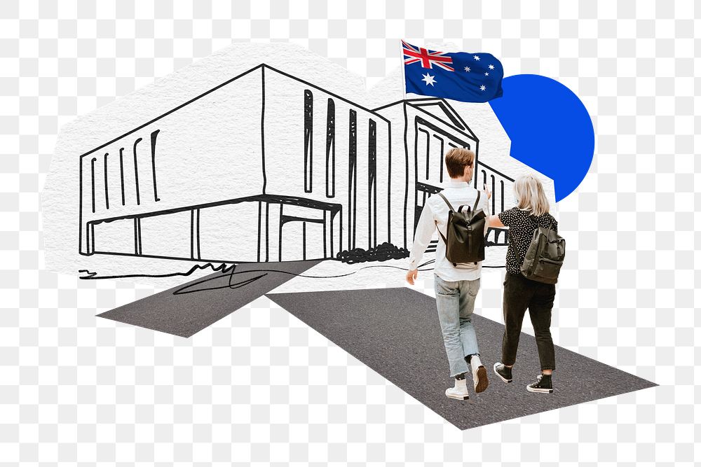 PNG Study in Australia, education line art collage, transparent background