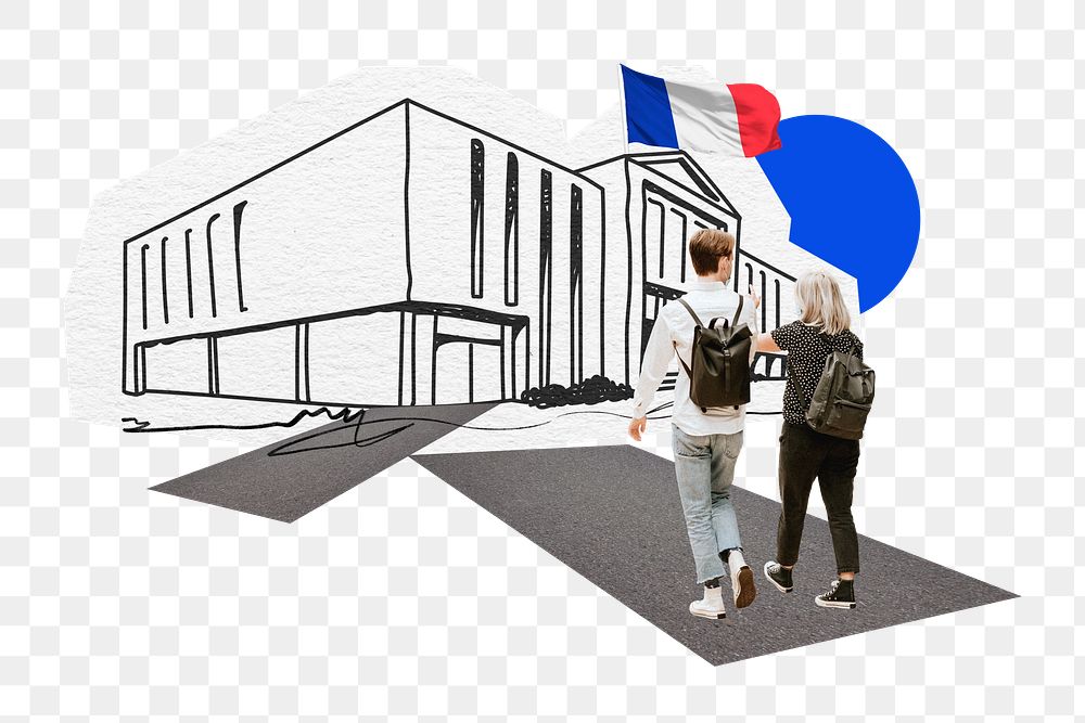 PNG Study in France, education line art collage, transparent background
