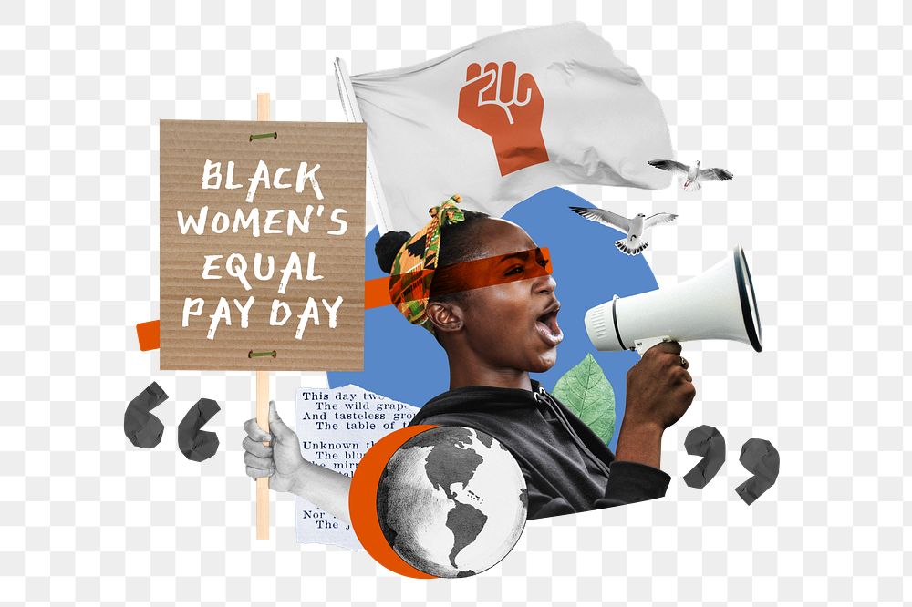 Women's equal pay png, black woman protesting remix, transparent background