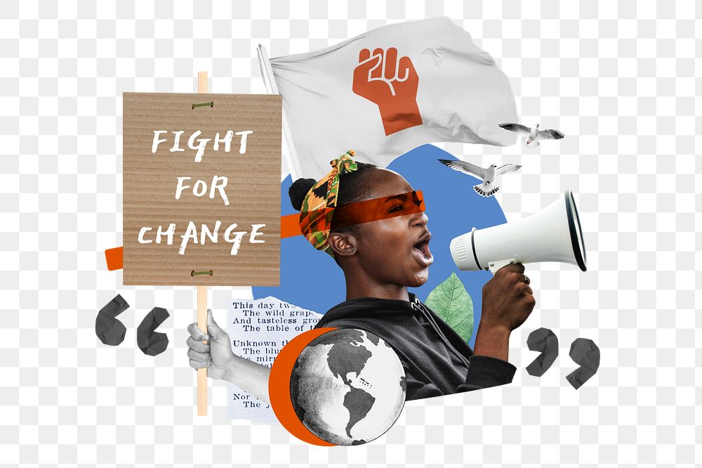 Fight for change png, woman protesting remix, transparent background
