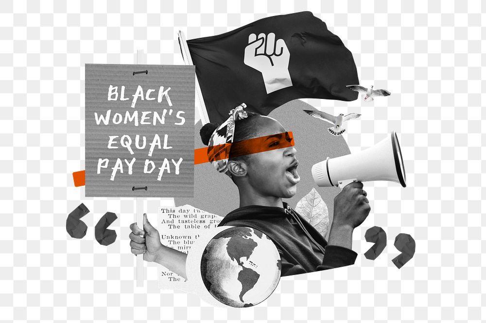 Women's equal pay png, black woman protesting remix, transparent background