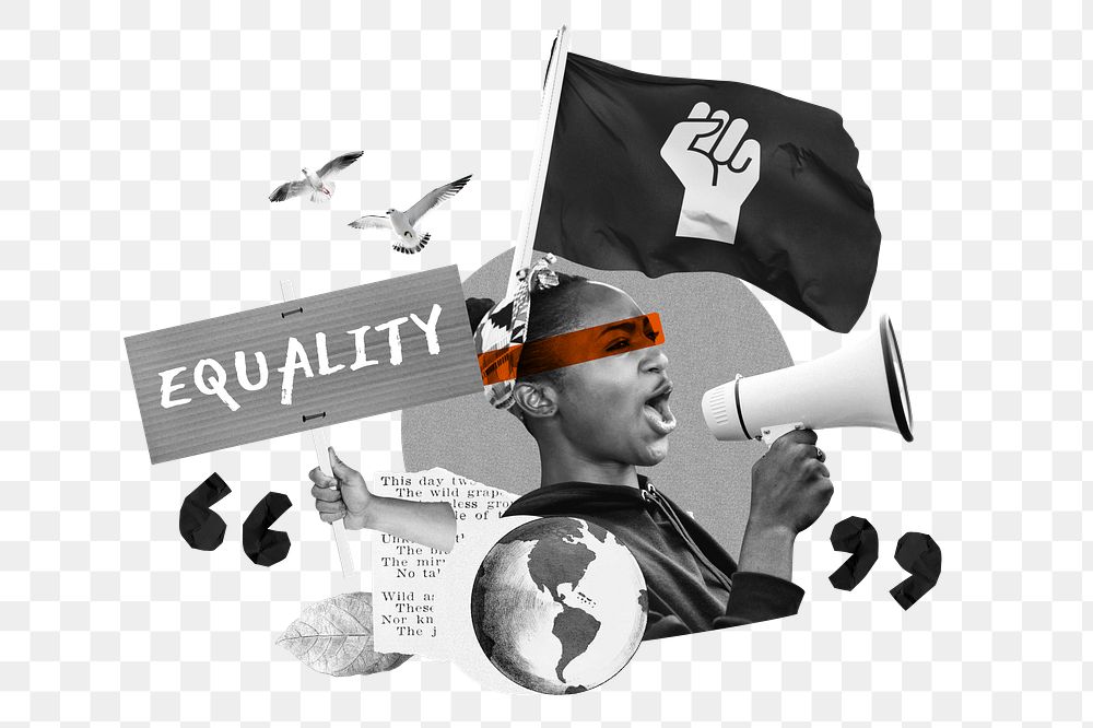 Equality word png, woman protesting collage art, transparent background
