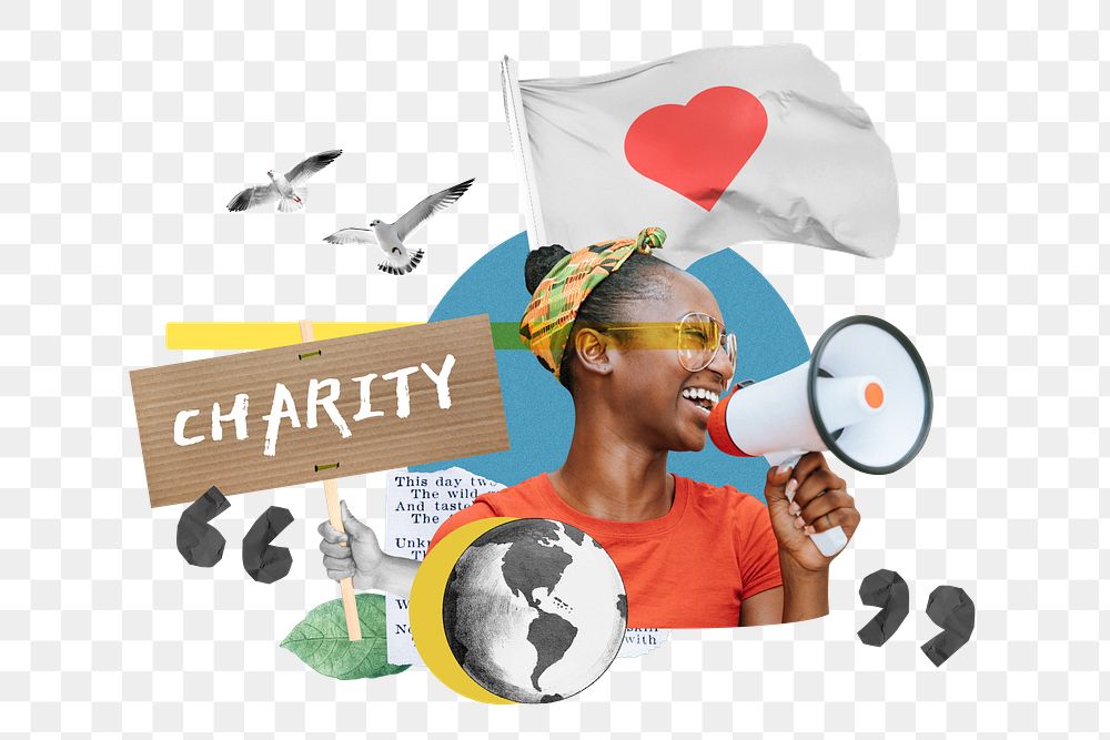 Charity word png, volunteer woman holding megaphone remix, transparent background