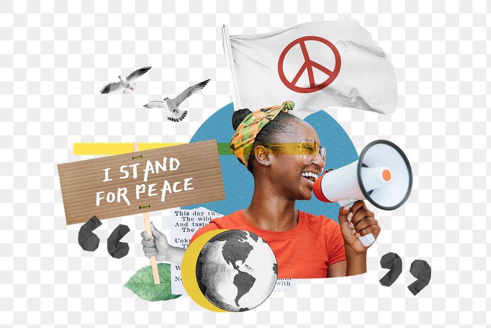 Stand for peace png, woman protest remix, transparent background