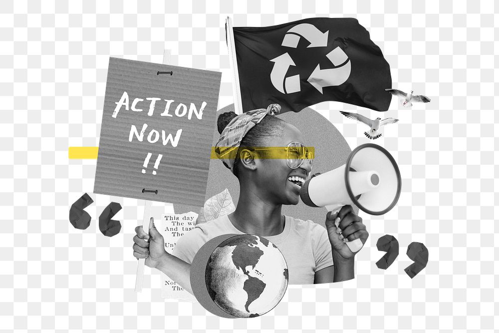Action now png, environment activism collage art, transparent background