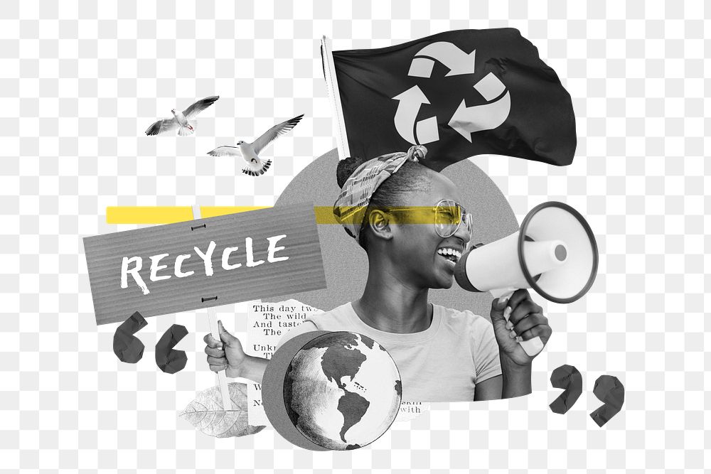 Recycle environment protest png, woman holding megaphone remix, transparent background