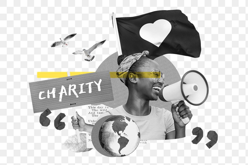 Charity word png, volunteer woman holding megaphone remix, transparent background