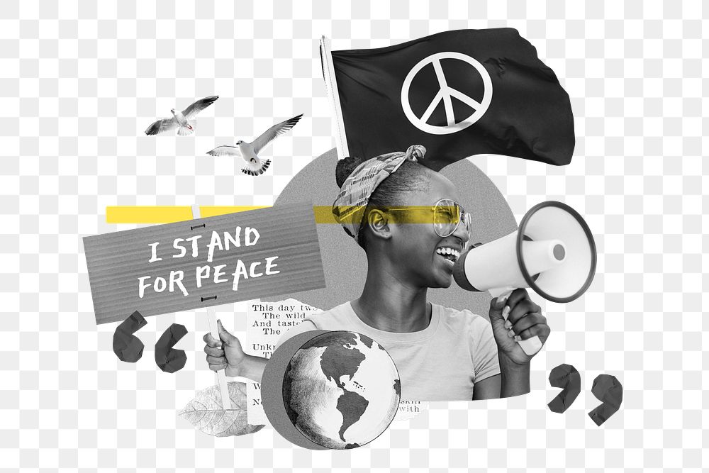 Stand for peace png, woman protest remix, transparent background