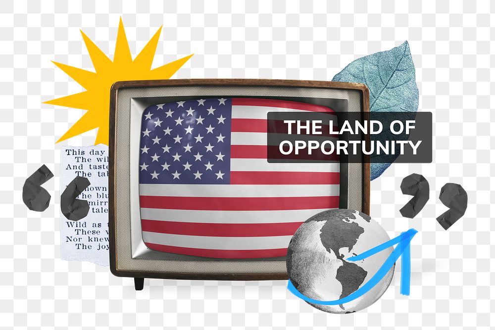 PNG the land of opportunity, TV news collage illustration, transparent background