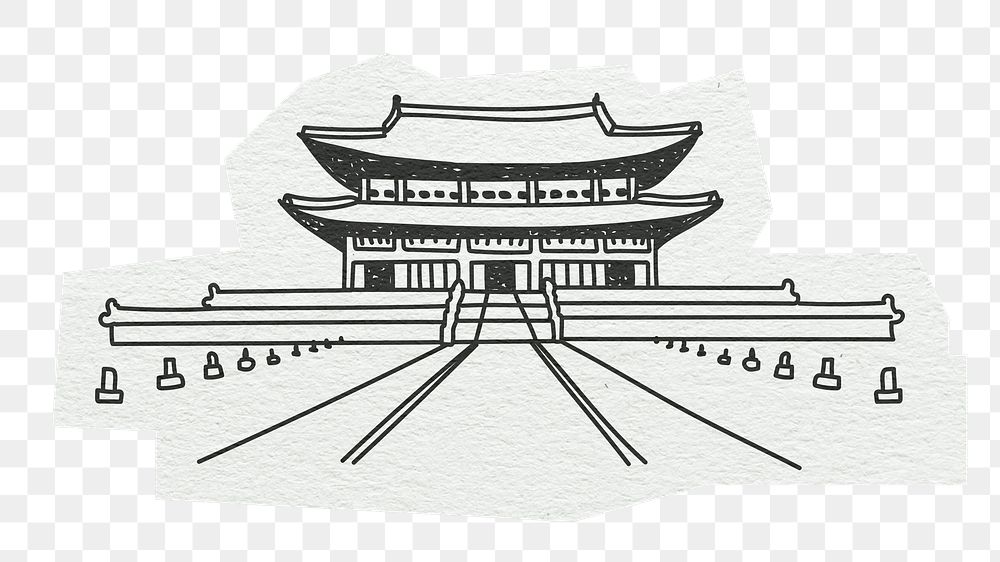 PNG Gyeongbokgung Palace, famous location in South Korea, line art illustration, transparent background