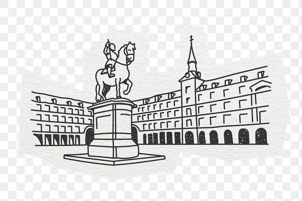 PNG Plaza Mayor, famous location in Spain, line art illustration, transparent background