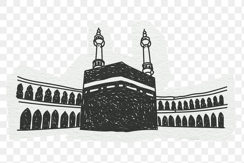 PNG Kaaba, mosque in Saudi Arabia, line art illustration, transparent background