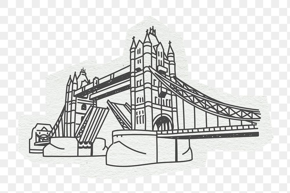 PNG Tower Bridge, famous location in London, line art illustration, transparent background