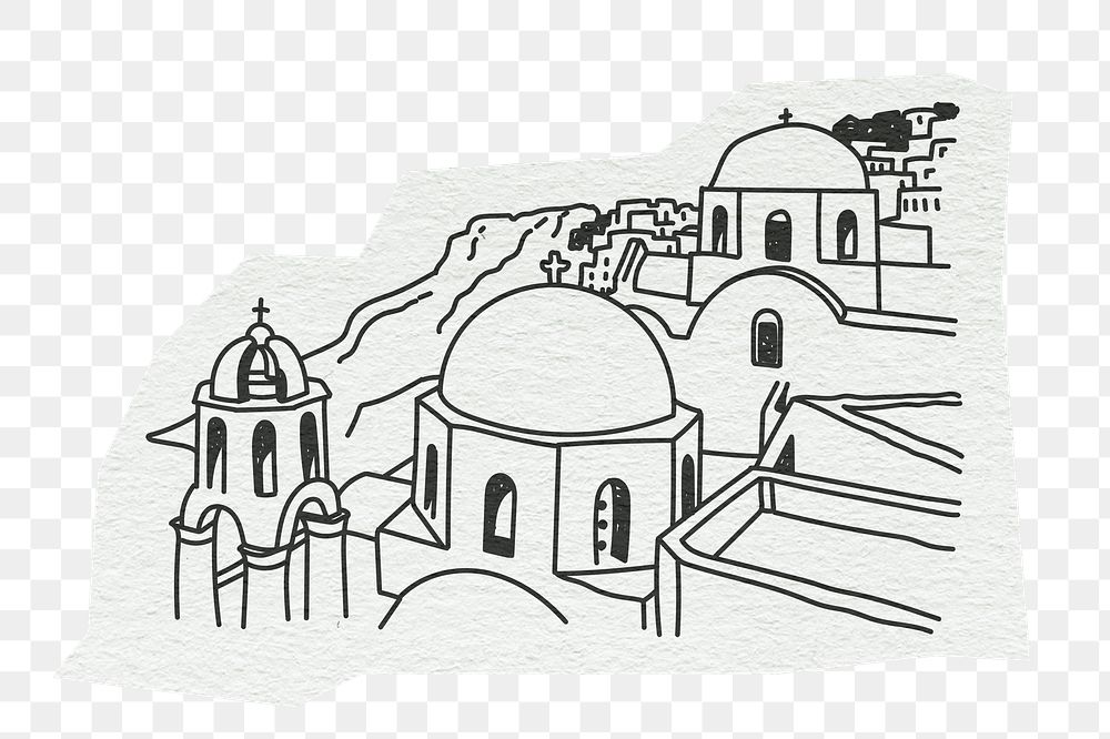PNG Santorini, famous location in Greece, line art illustration, transparent background