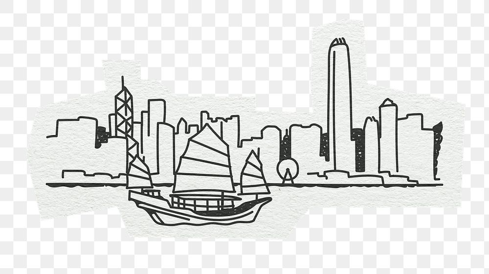 PNG Victoria Harbour, famous location in Hong Kong, line art illustration, transparent background