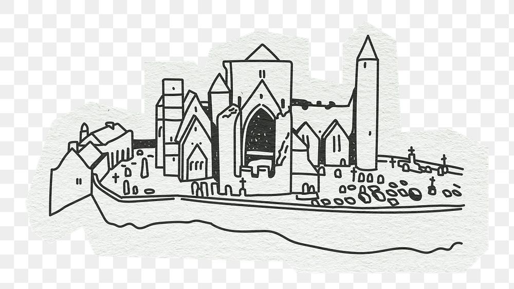 PNG Rock of Cashel, historical landmark in Ireland, line art illustration, transparent background