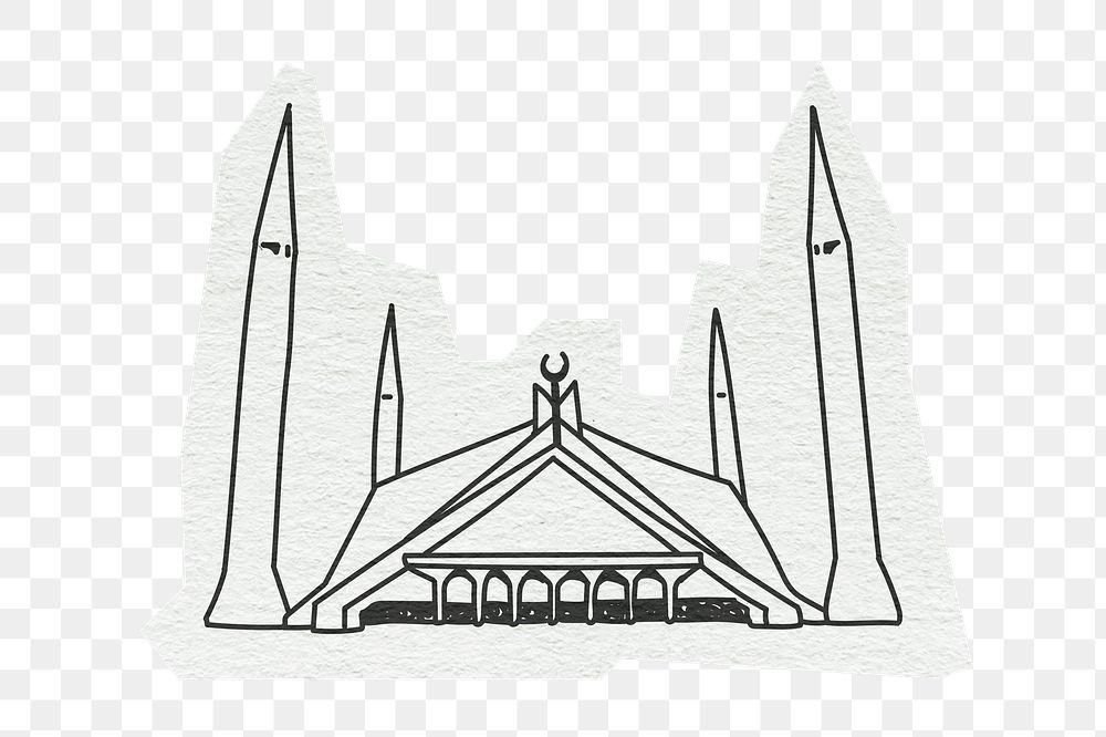 PNG Faisal Mosque, famous location in Pakistan, line art illustration, transparent background