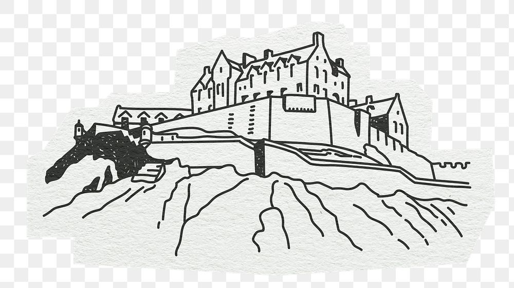 PNG Edinburgh Castle, famous location in Scotland, line art illustration, transparent background