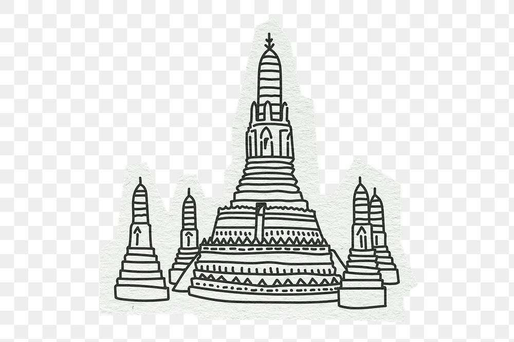 PNG Wat Arun Ratchawararam temple, line art illustration, transparent background