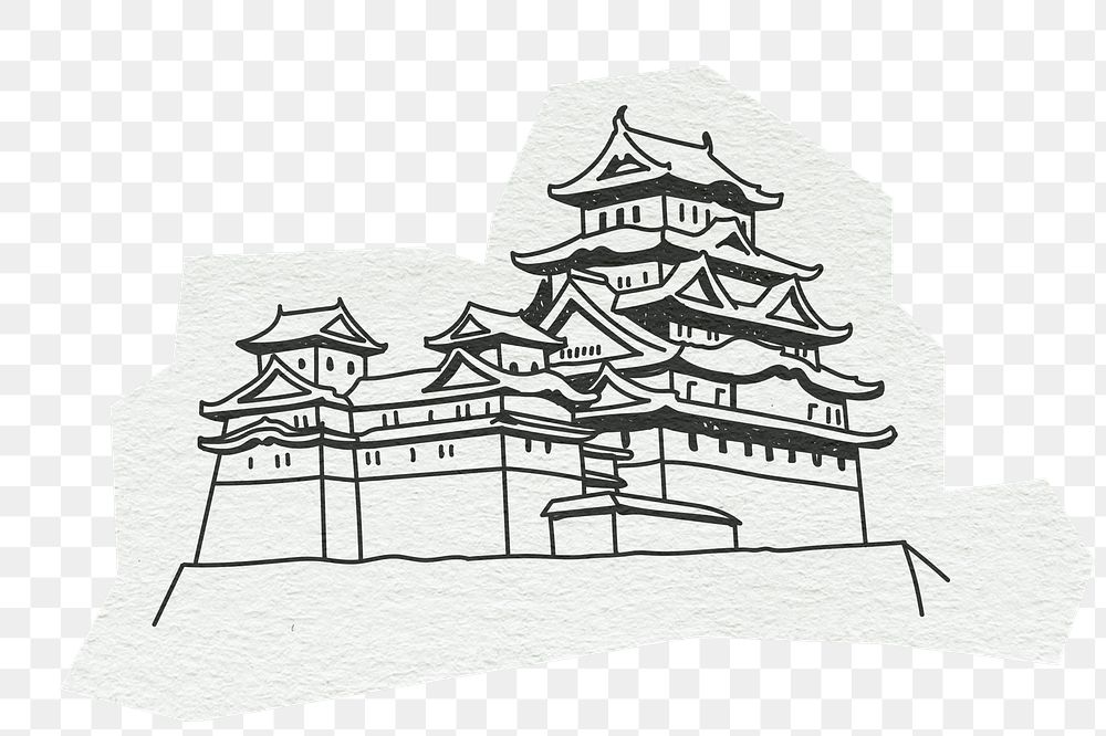 PNG Himeji Castle, Japan famous location, line art illustration, transparent background