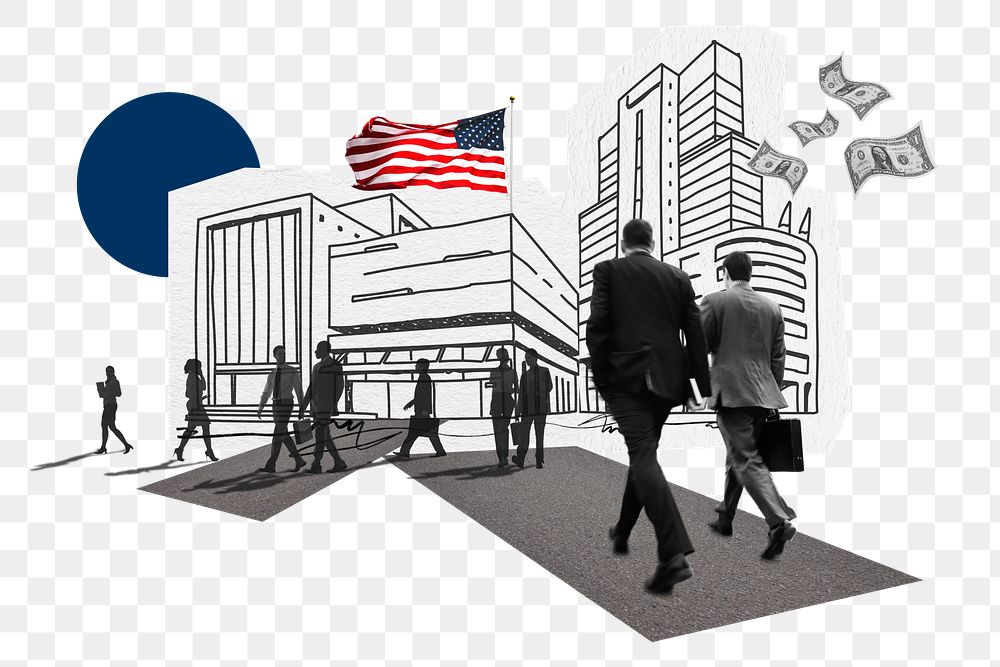 American corporate png, business line art collage, transparent background
