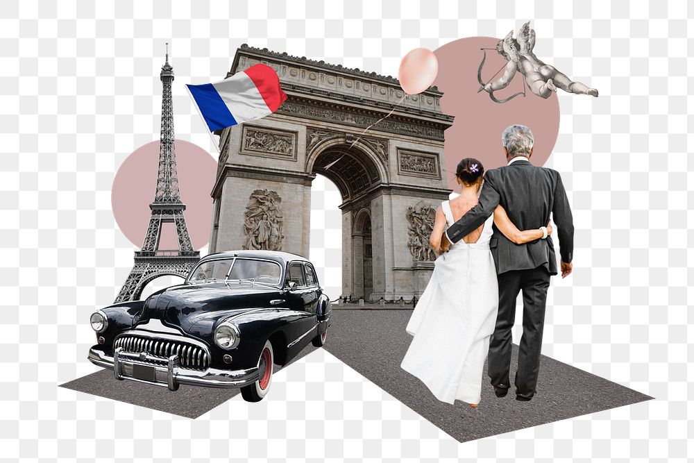 PNG Honeymoon in France, travel photo collage, transparent background