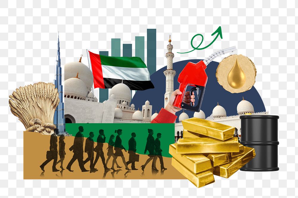 UAE economy png, commodity market money finance collage, transparent background