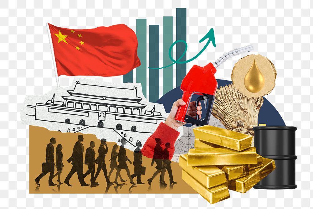 Chinese economy png, commodity market money finance collage, transparent background