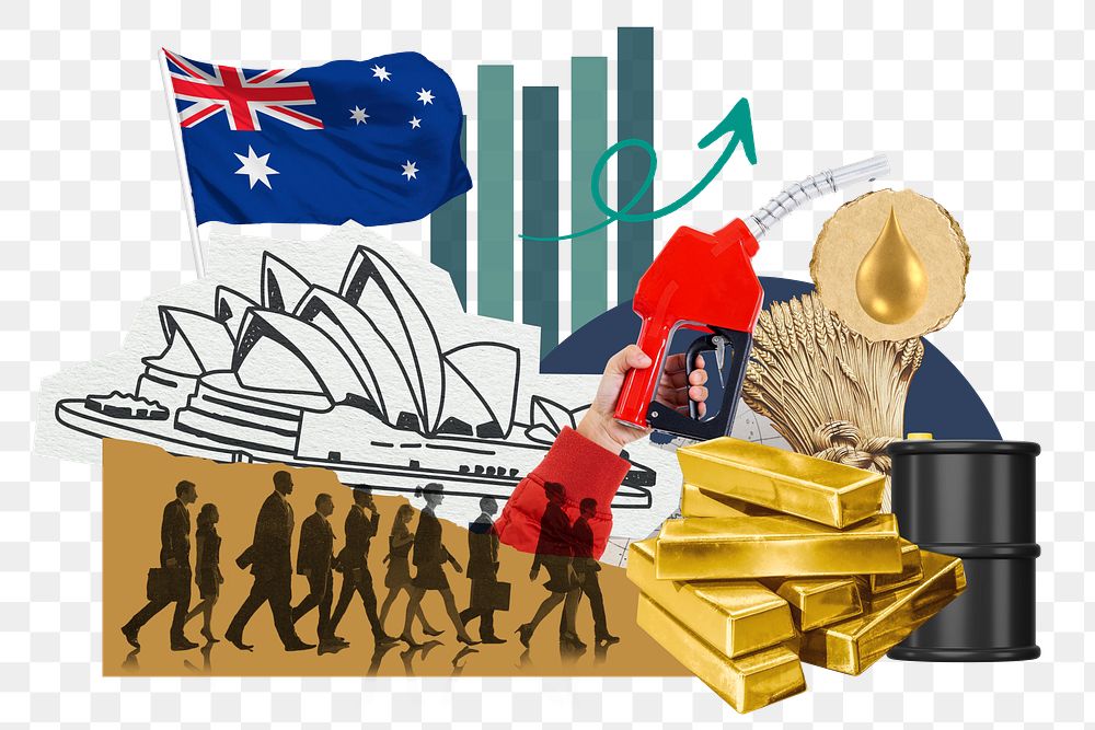 Australian economy png, commodity market money finance collage, transparent background