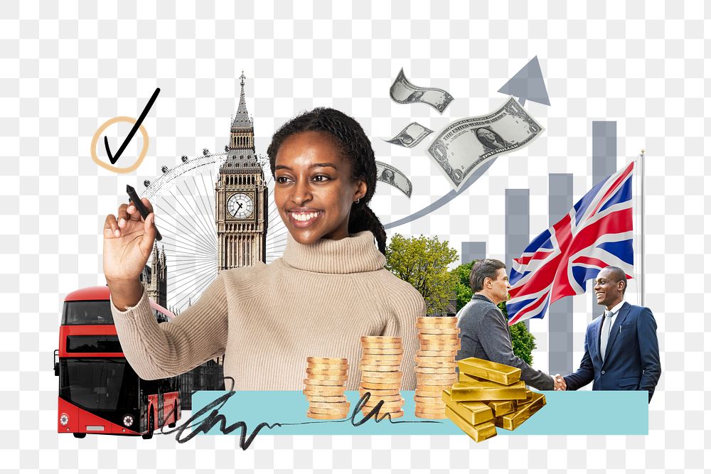 PNG UK investment, money finance collage, transparent background