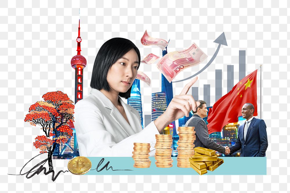 PNG Chinese investment, money finance collage, transparent background