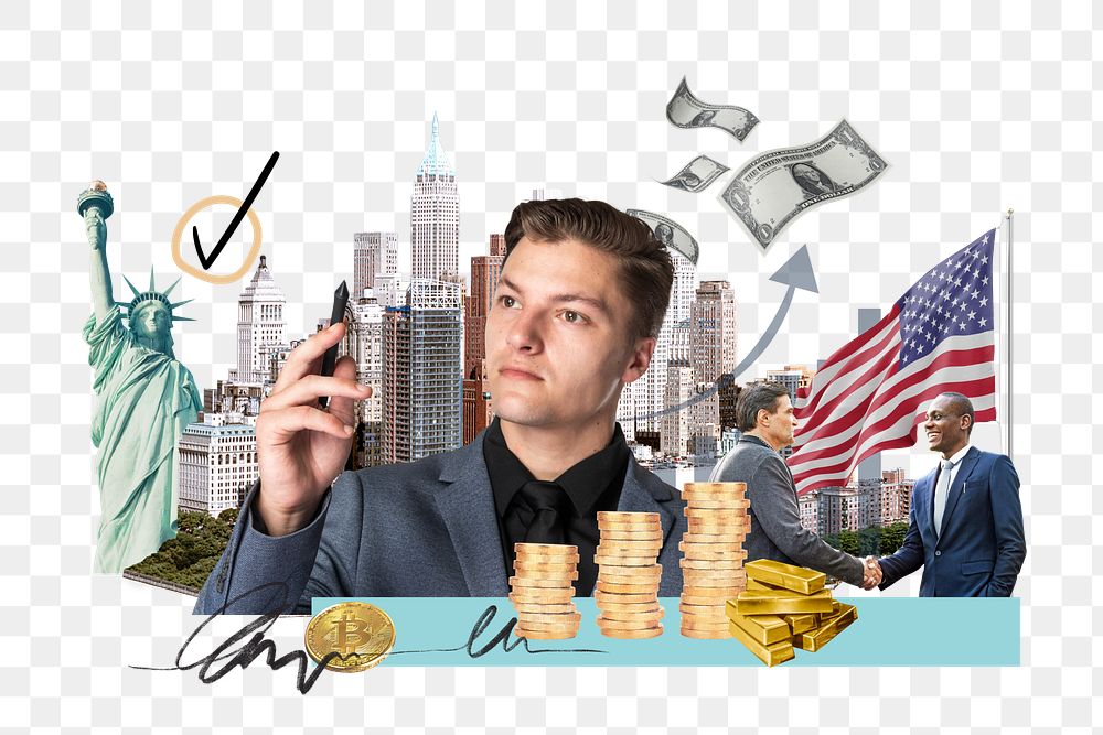 PNG USA investment, money finance collage, transparent background