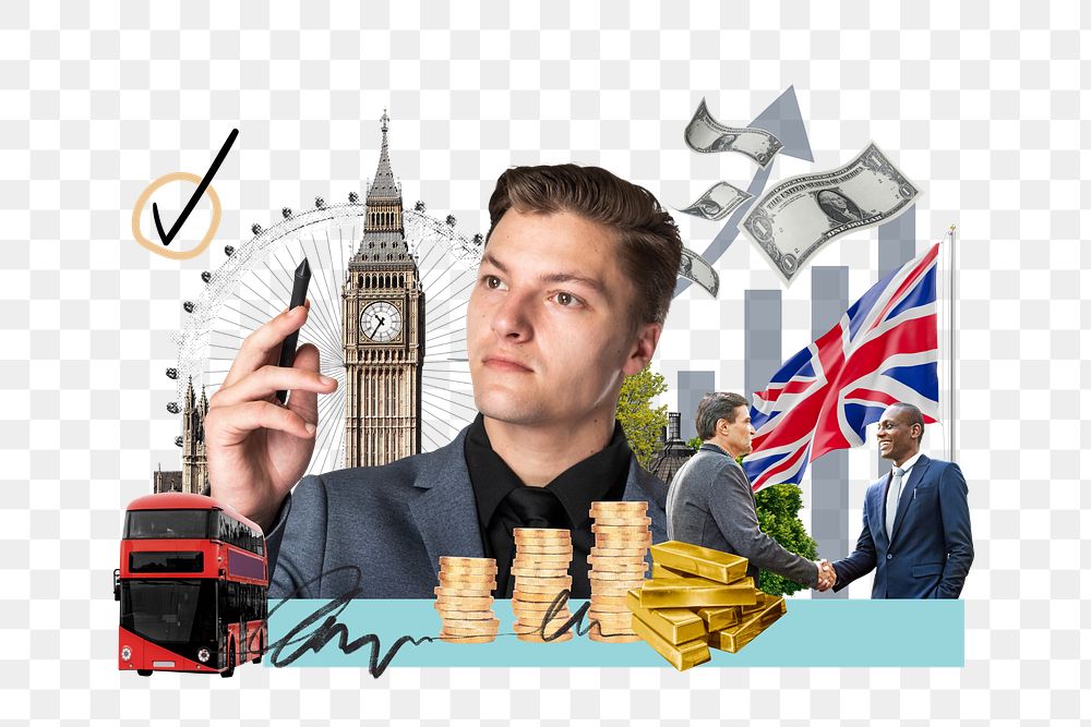 PNG UK investment, money finance collage, transparent background