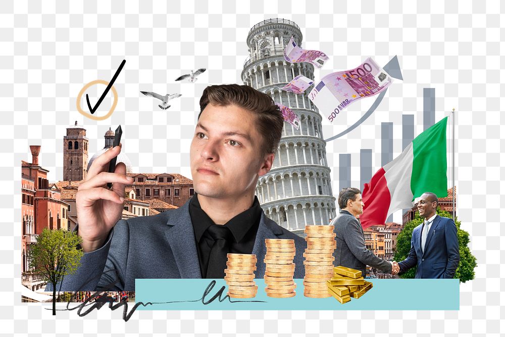 PNG Italy investment, money finance collage, transparent background