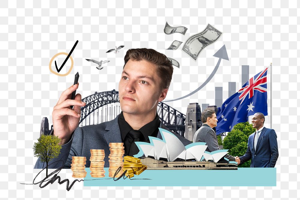 PNG Australia investment, money finance collage, transparent background