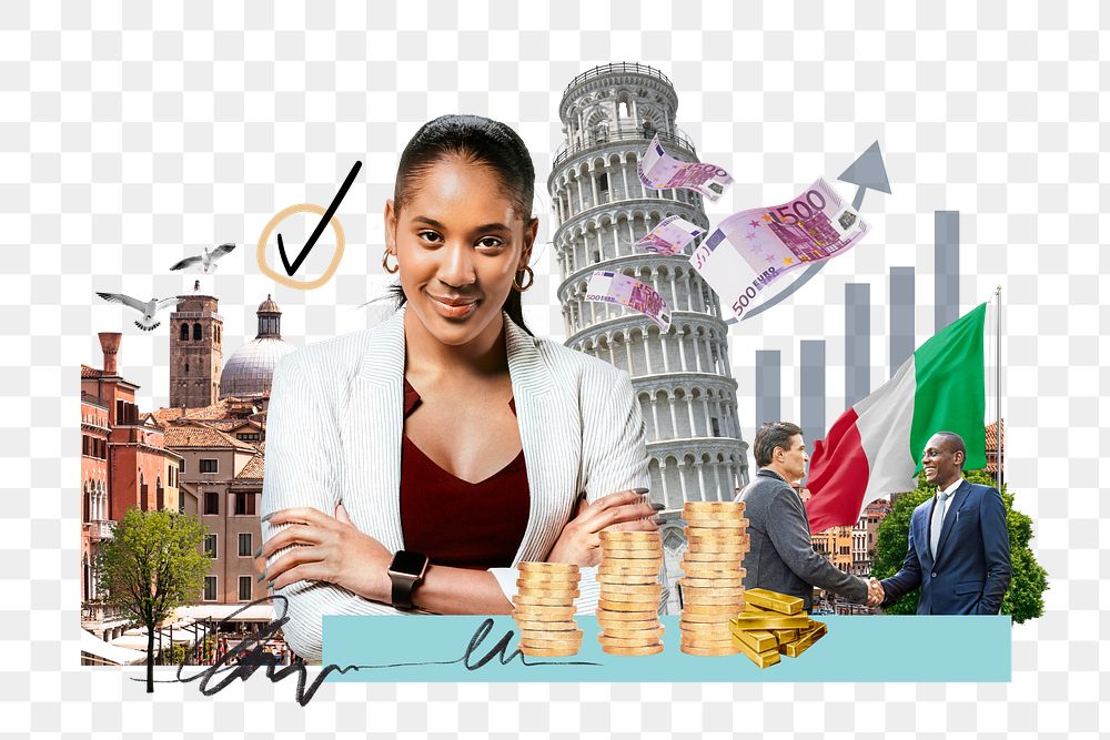 PNG Italy investment, money finance collage, transparent background
