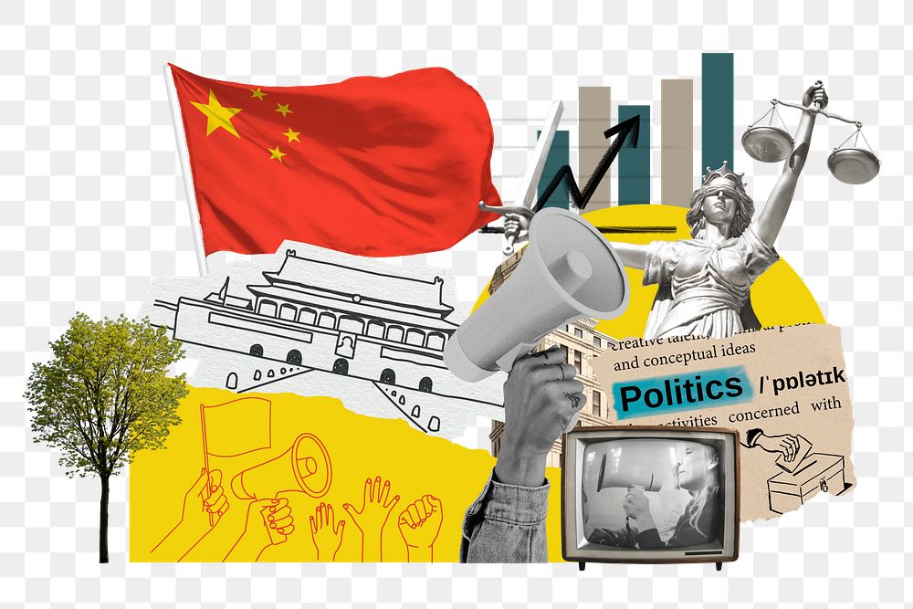PNG Chinese politics, social issues paper collage, transparent background